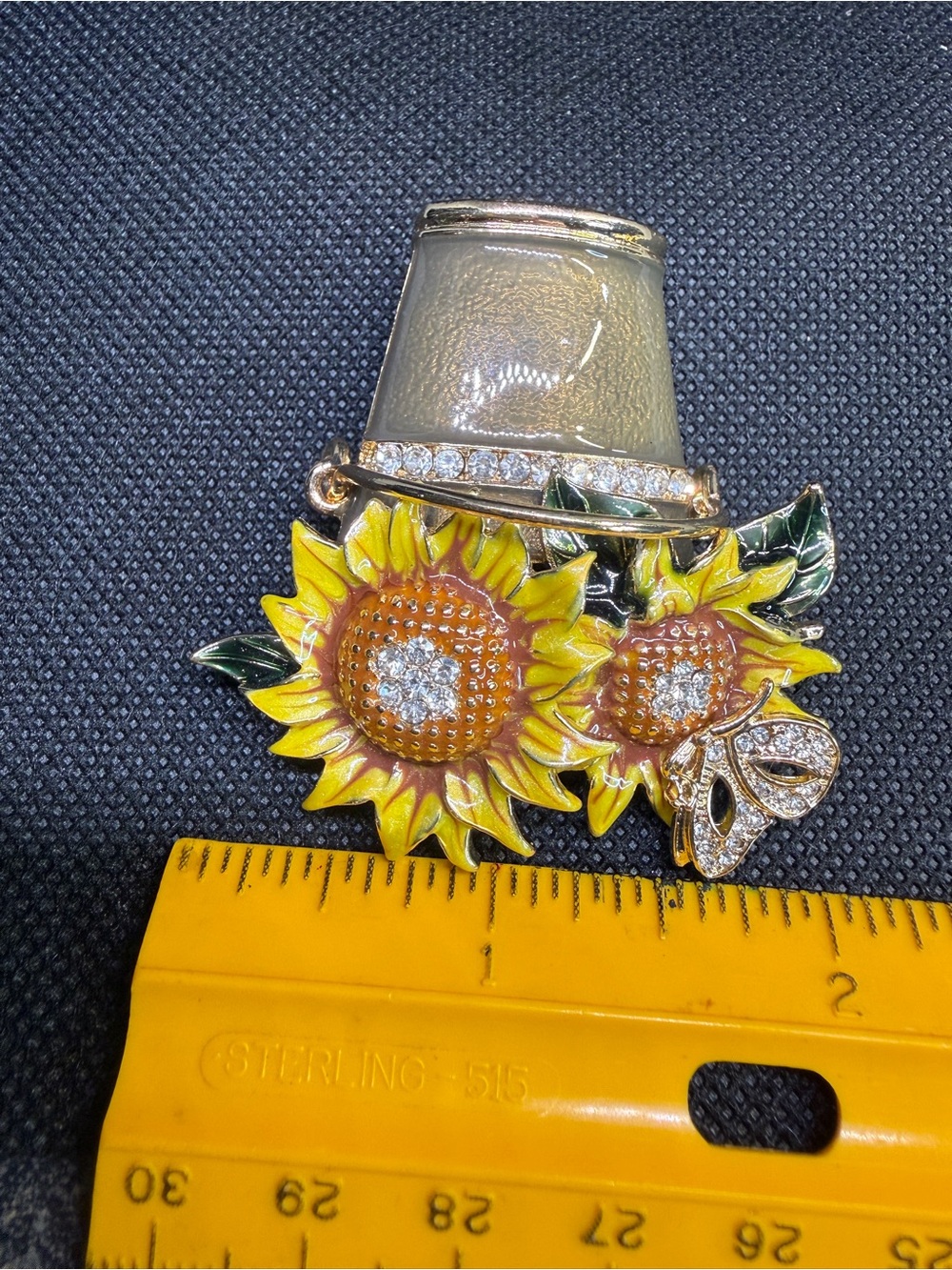 Napier Brooch Gold Tone Sunflower Butterfly Pot with Crystal & Enamel Accent - Picture 5 of 11